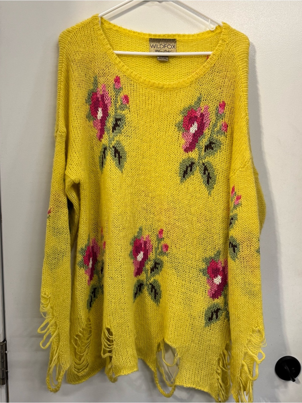 Wildfox White Label Yellow Floral Distressed Pullover Knit Sweater Fringe Detail